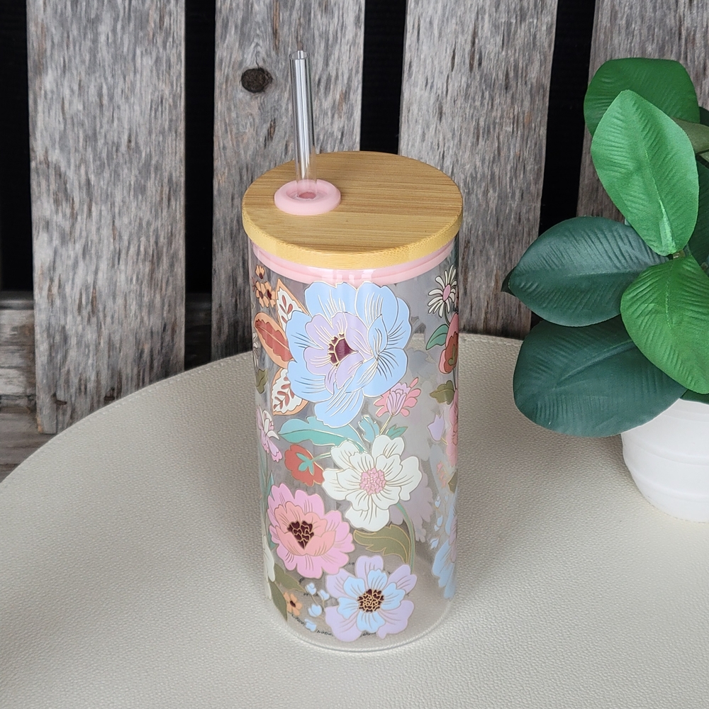 Clementine Floral Glass Tumbler with Bamboo Lid and Straw